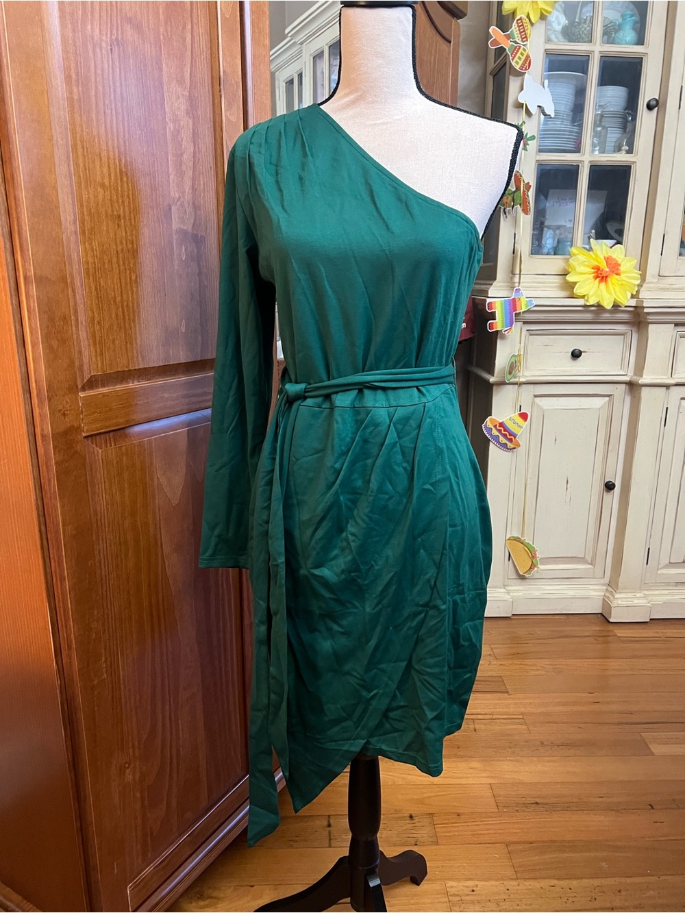 One-Shoulder Emerald Green Wrap Dress with Waist Tie